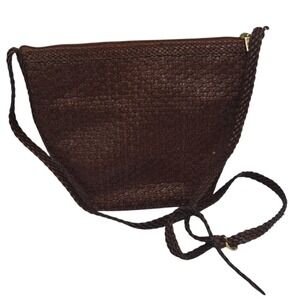 Vintage CEM Woven 100% Leather Crossbody Bucket Bag Brown Braided Strap Boho
